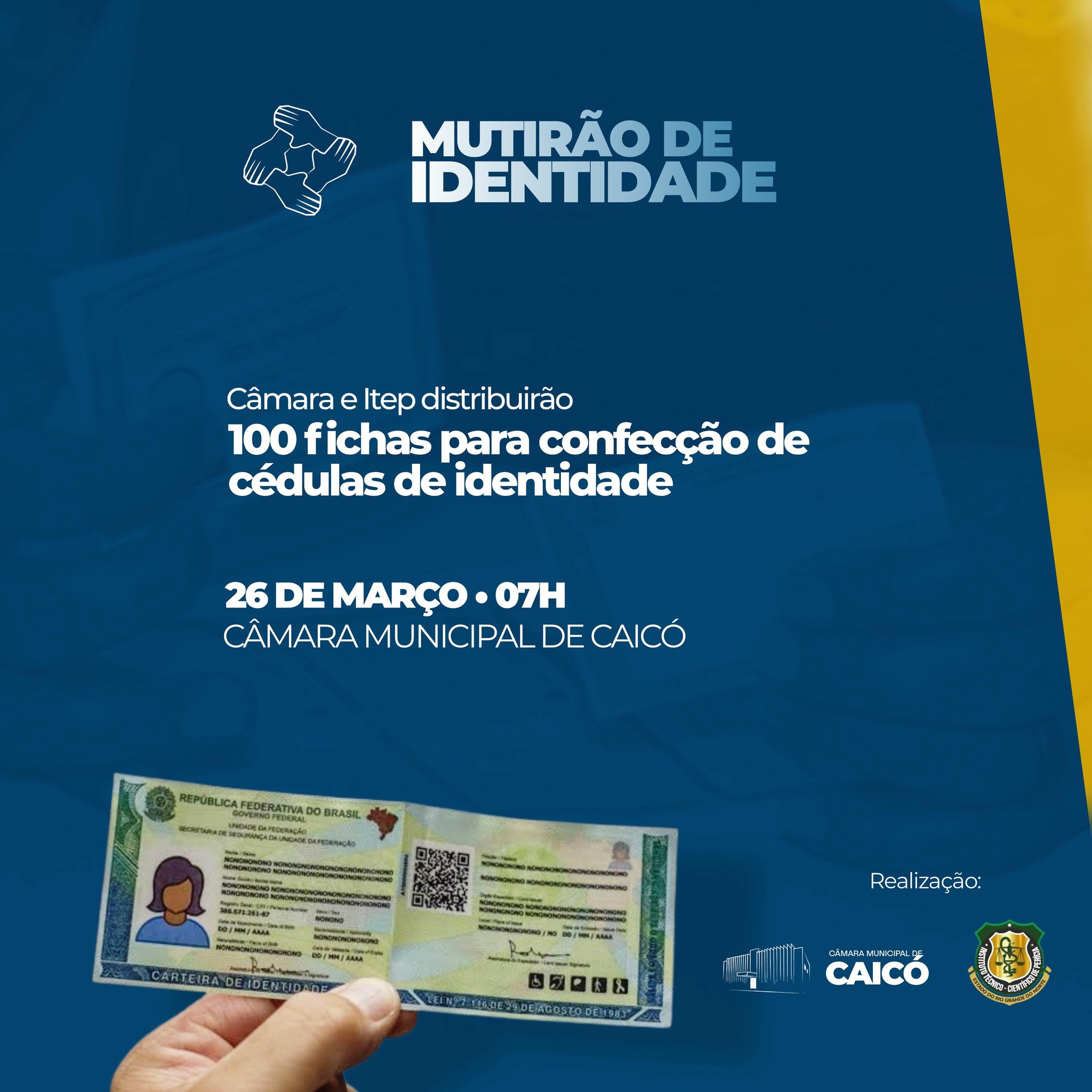 Câmara e Itep realizarão mutirão de confecção de cédulas de identidade nesta terça-feira (26), em Caicó