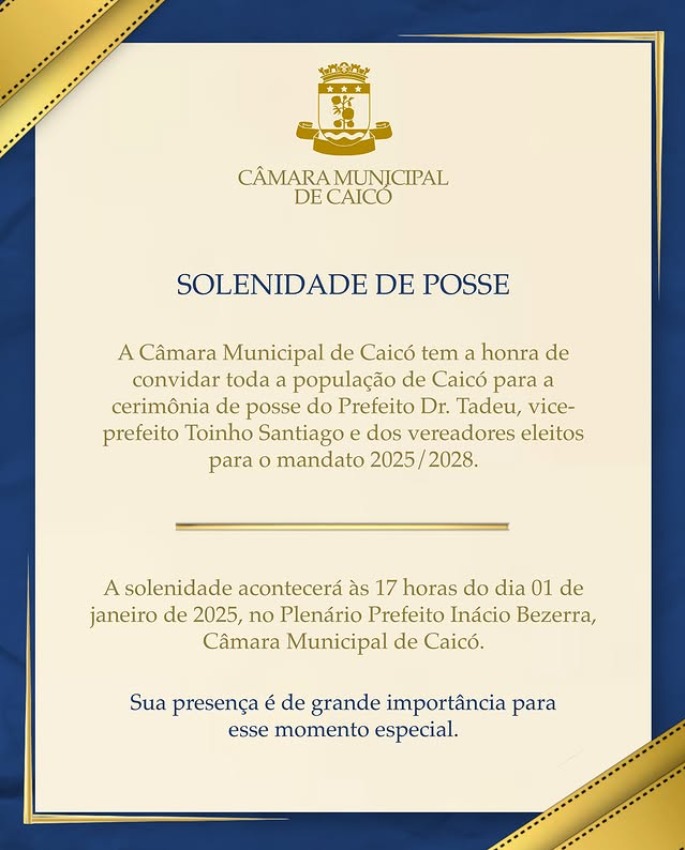 Solenidade de posse dos 15 vereadores eleitos, do prefeito reeleito Dr. Tadeu e de seu vice, Toinho Santiago.